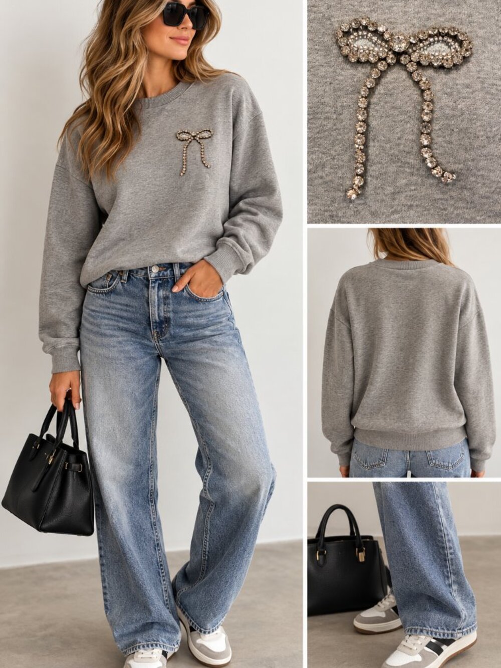 A New Day Gray Crewneck Sweatshirt with Rhinestone Bow | Size Small